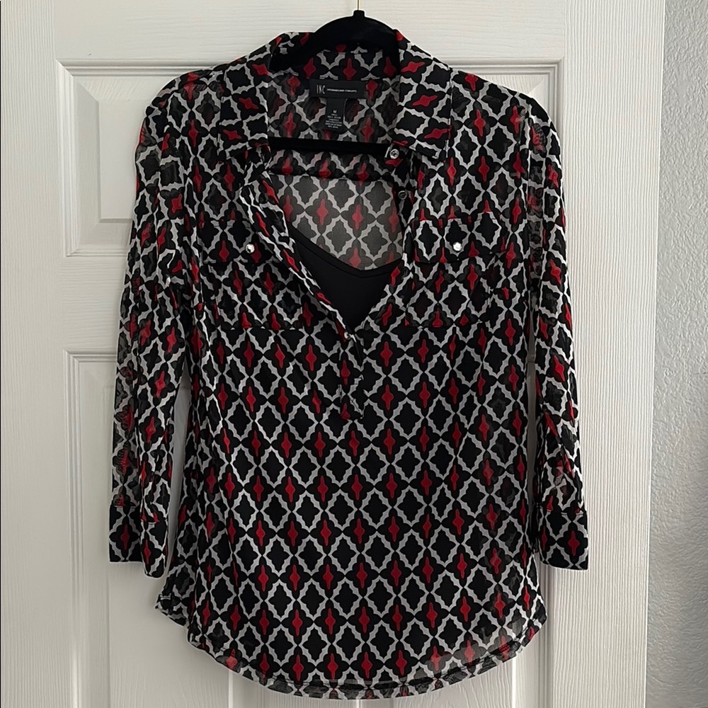 INC International Concepts Black and Red Graphic 3/4 Sleeve Blouse